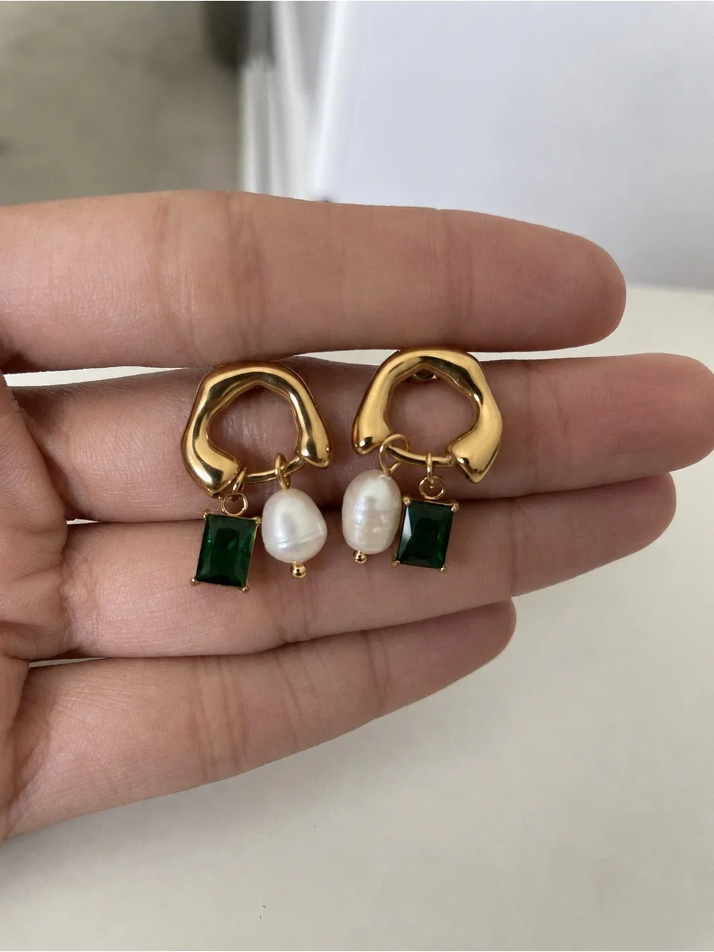 18K Gold Green Stone Pearl Drop Earrings